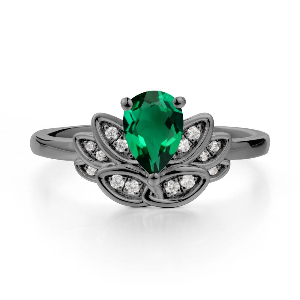 Lotus Flower Ring with Pear Cut Emerald - LUO Jewelry #metal_black finish sterling silver