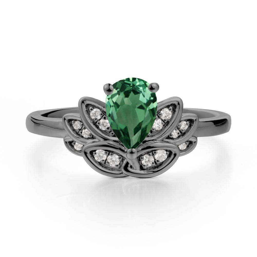 Lotus Flower Ring with Pear Cut Green Sapphire - LUO Jewelry #metal_black finish sterling silver