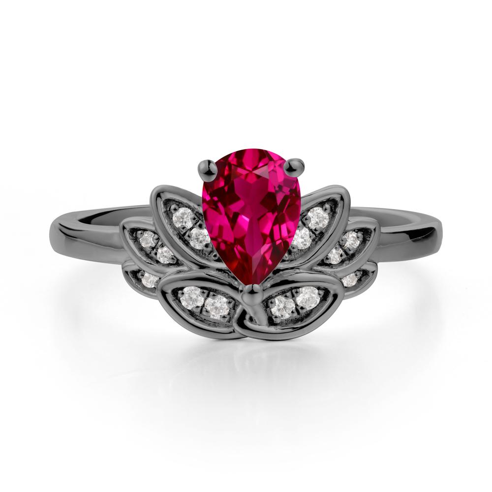 Lotus Flower Ring with Pear Cut Ruby - LUO Jewelry #metal_black finish sterling silver