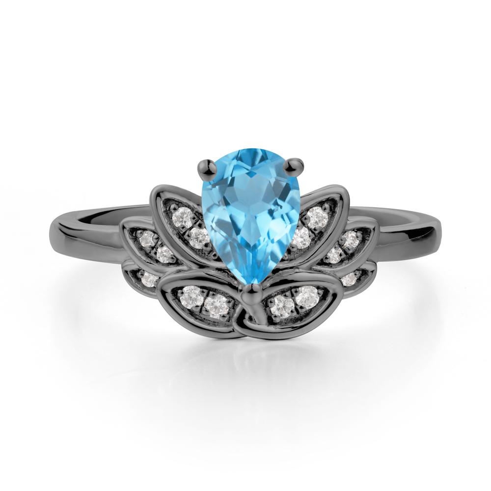 Lotus Flower Ring with Pear Cut Swiss Blue Topaz - LUO Jewelry #metal_black finish sterling silver