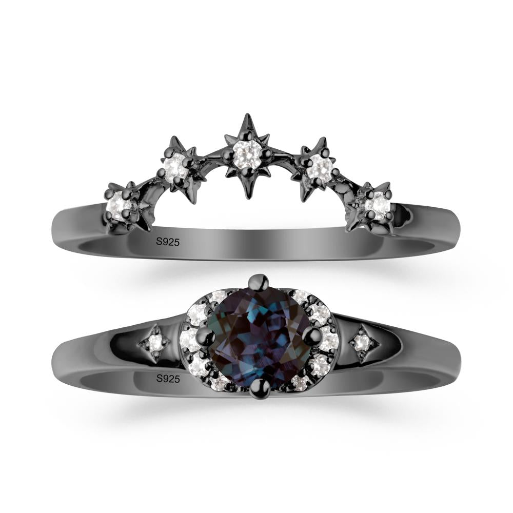 Moon and Star Alexandrite Celestial Ring Set - LUO Jewelry #metal_black finish sterling silver