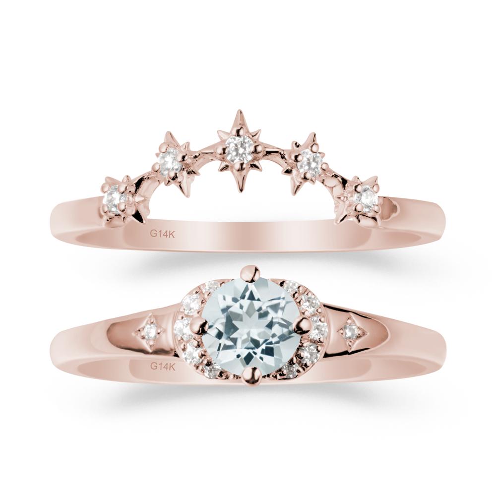 Aquamarine Halo and Star Crown Ring Set - LUO Jewelry #metal_14k rose gold