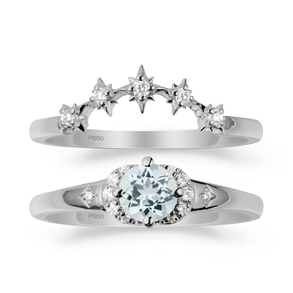 Aquamarine Halo and Star Crown Ring Set - LUO Jewelry #metal_platinum