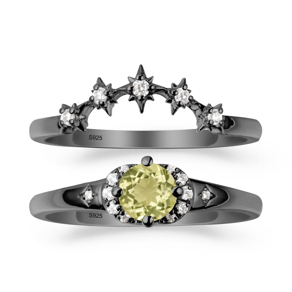 Lemon Quartz Halo and Star Crown Ring Set - LUO Jewelry #metal_black finish sterling silver