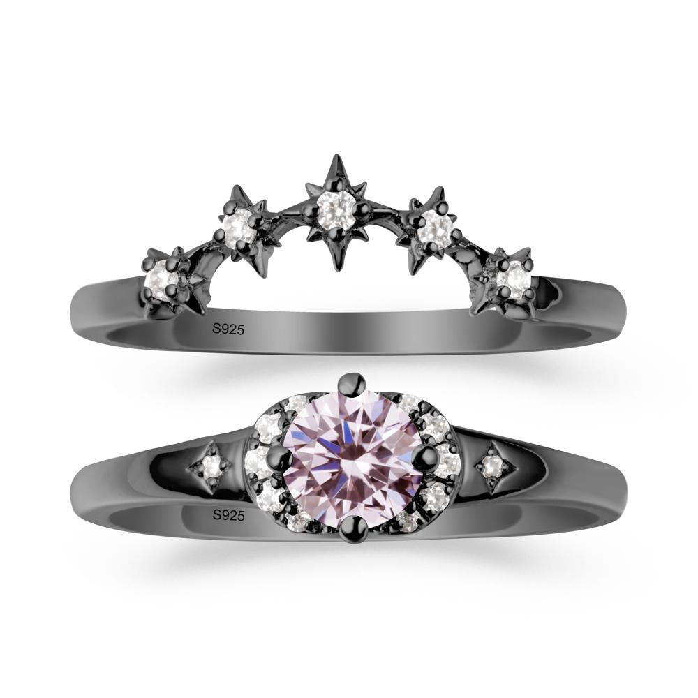 Moon and Star Pink Cubic Zirconia Celestial Ring Set - LUO Jewelry #metal_black finish sterling silver