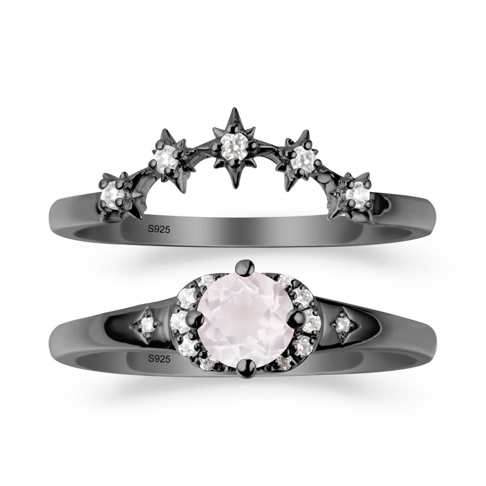 Rose Quartz Halo and Star Crown Ring Set - LUO Jewelry #metal_black finish sterling silver