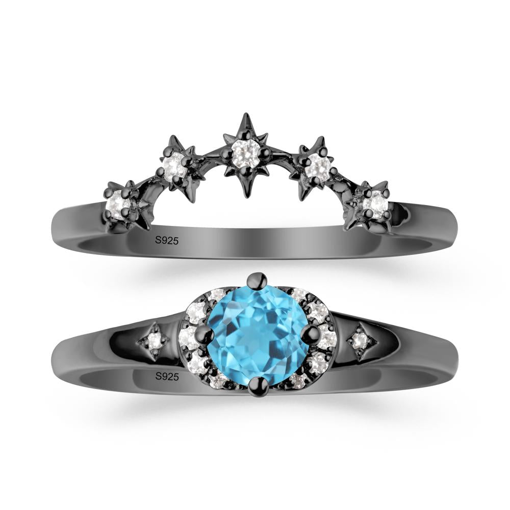 Celestial Round Swiss Blue Topaz Ring Set - LUO Jewelry #metal_black finish sterling silver