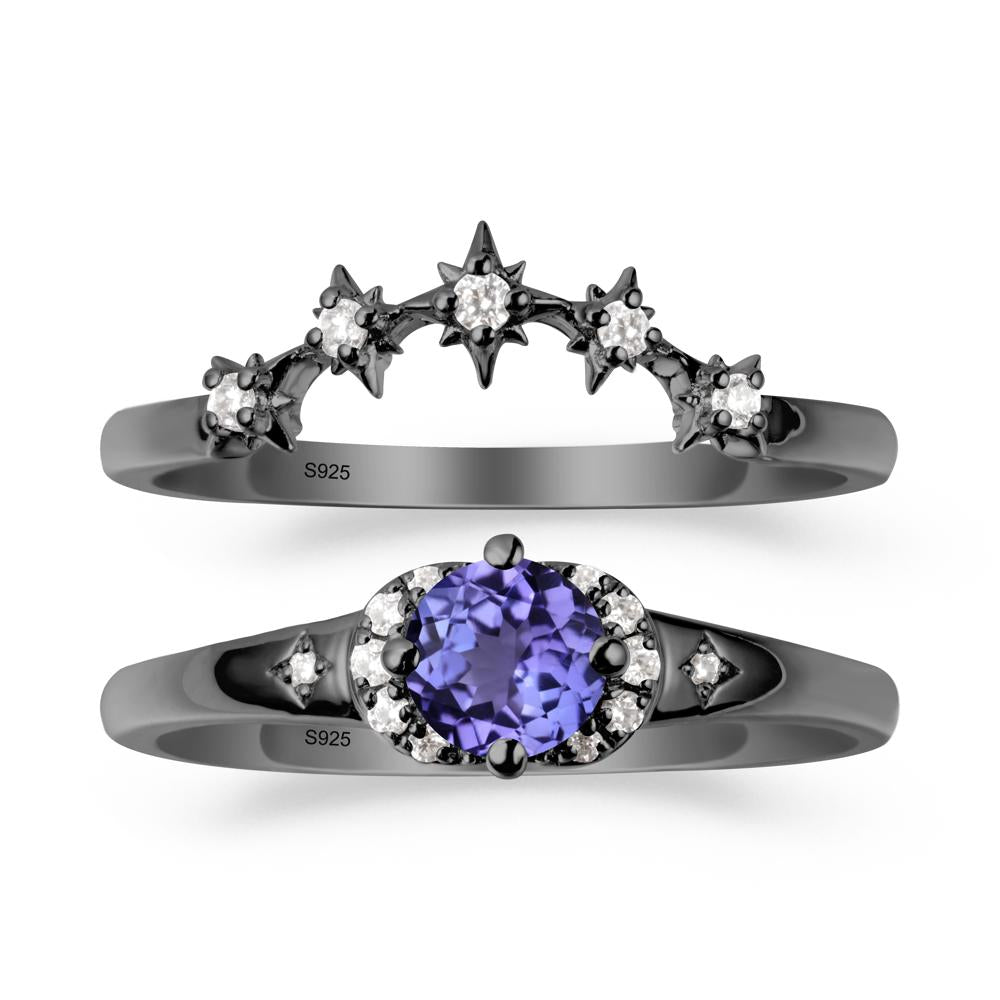 Tanzanite Halo and Star Crown Ring Set - LUO Jewelry #metal_black finish sterling silver