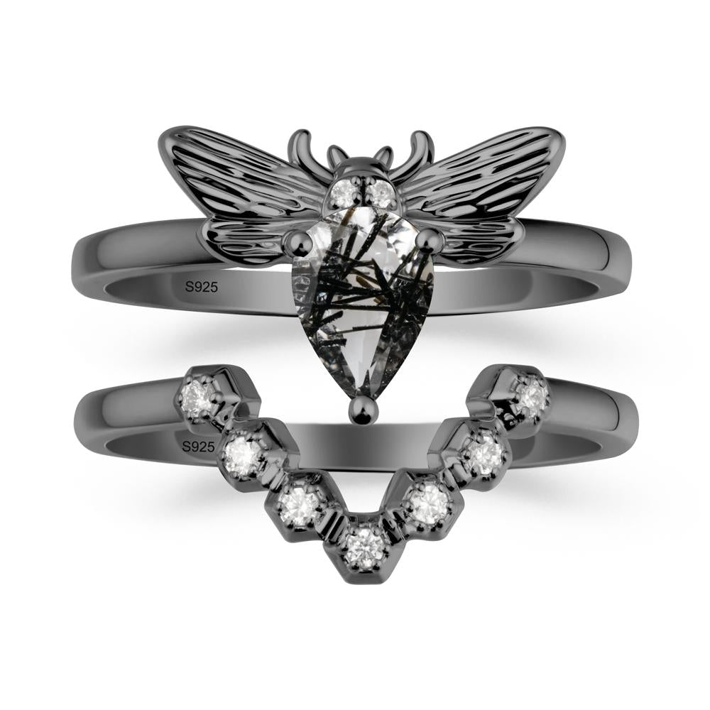 Pear Shapped Black Rutilated Quartz Bee Ring Set - LUO Jewelry #metal_xxxxx