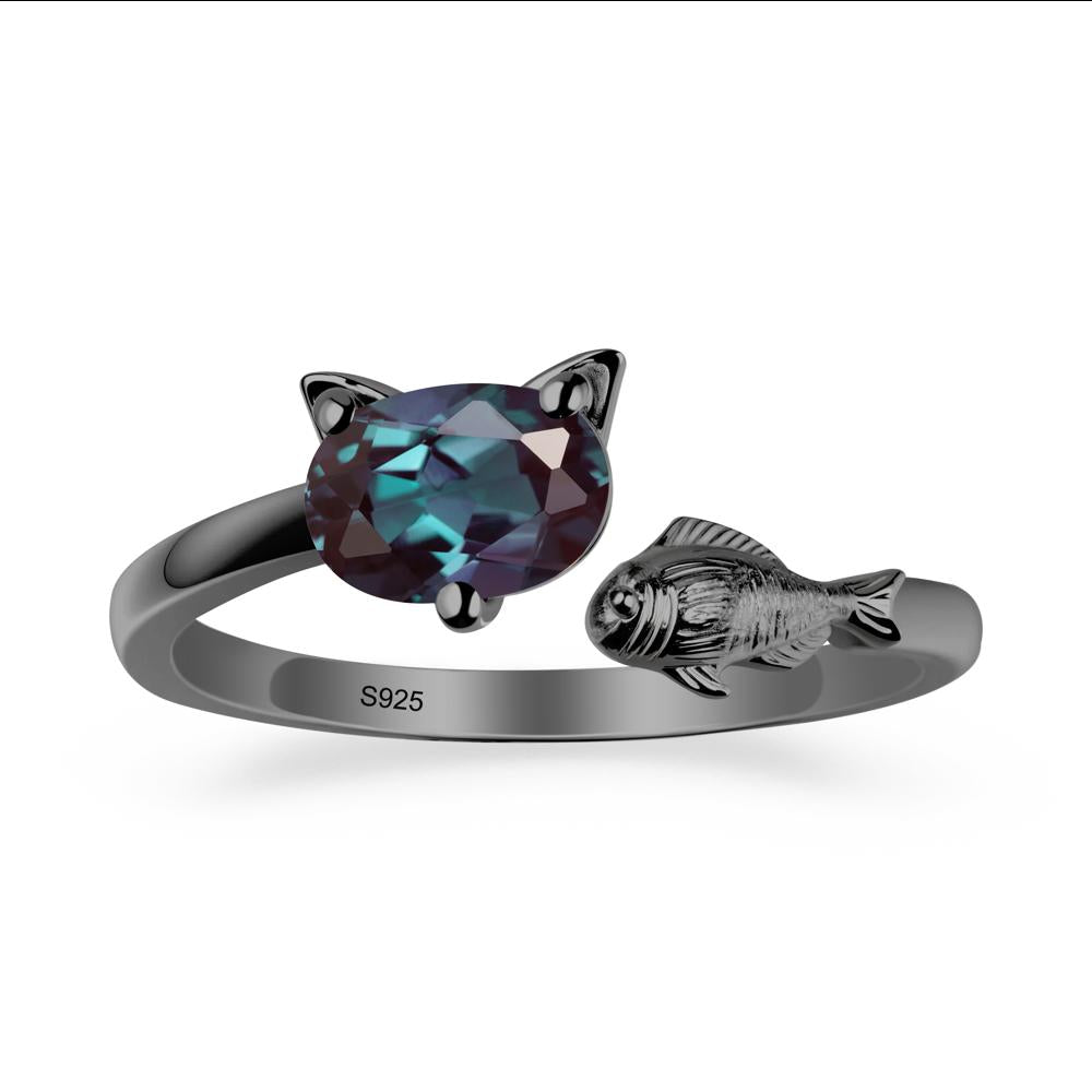Alexandrite Cat and Fish Ring - LUO Jewelry #metal_black finish sterling silver