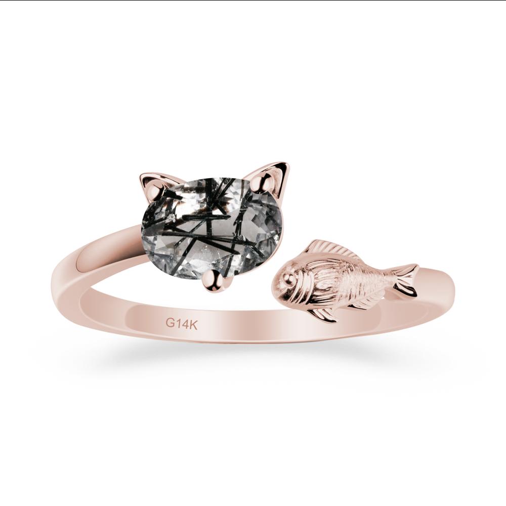 Cat and Fish Black Rutilated Quartz Bypass Ring - LUO Jewelry #metal_14k rose gold