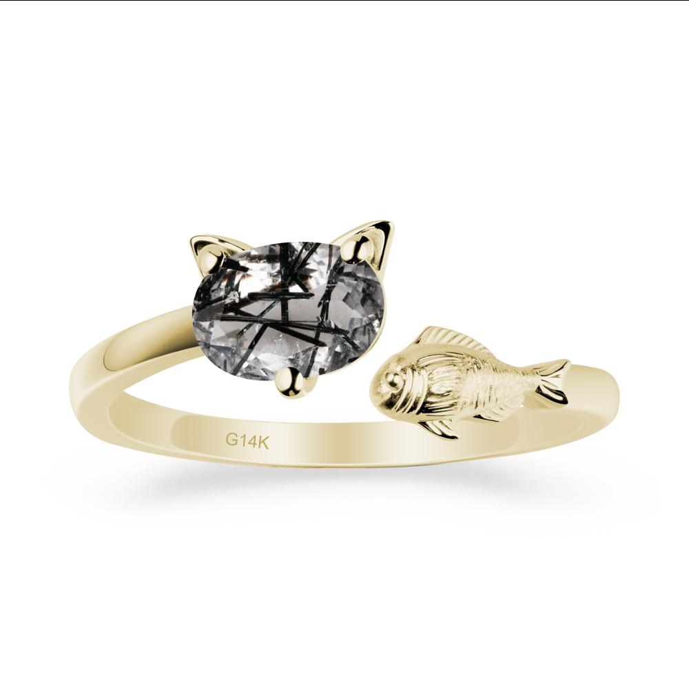 Cat and Fish Black Rutilated Quartz Bypass Ring - LUO Jewelry #metal_14k yellow gold