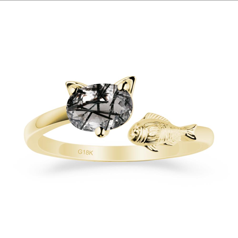 Cat and Fish Black Rutilated Quartz Bypass Ring - LUO Jewelry #metal_18k yellow gold