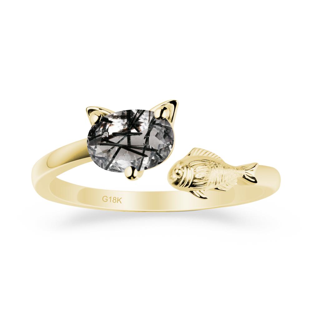 Cat and Fish Black Rutilated Quartz Bypass Ring - LUO Jewelry #metal_18k yellow gold