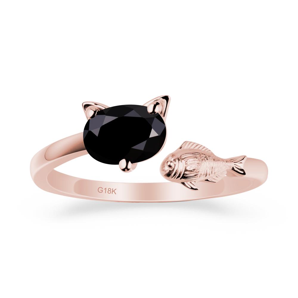 Black Spinel Cat and Fish Ring - LUO Jewelry #metal_18k rose gold