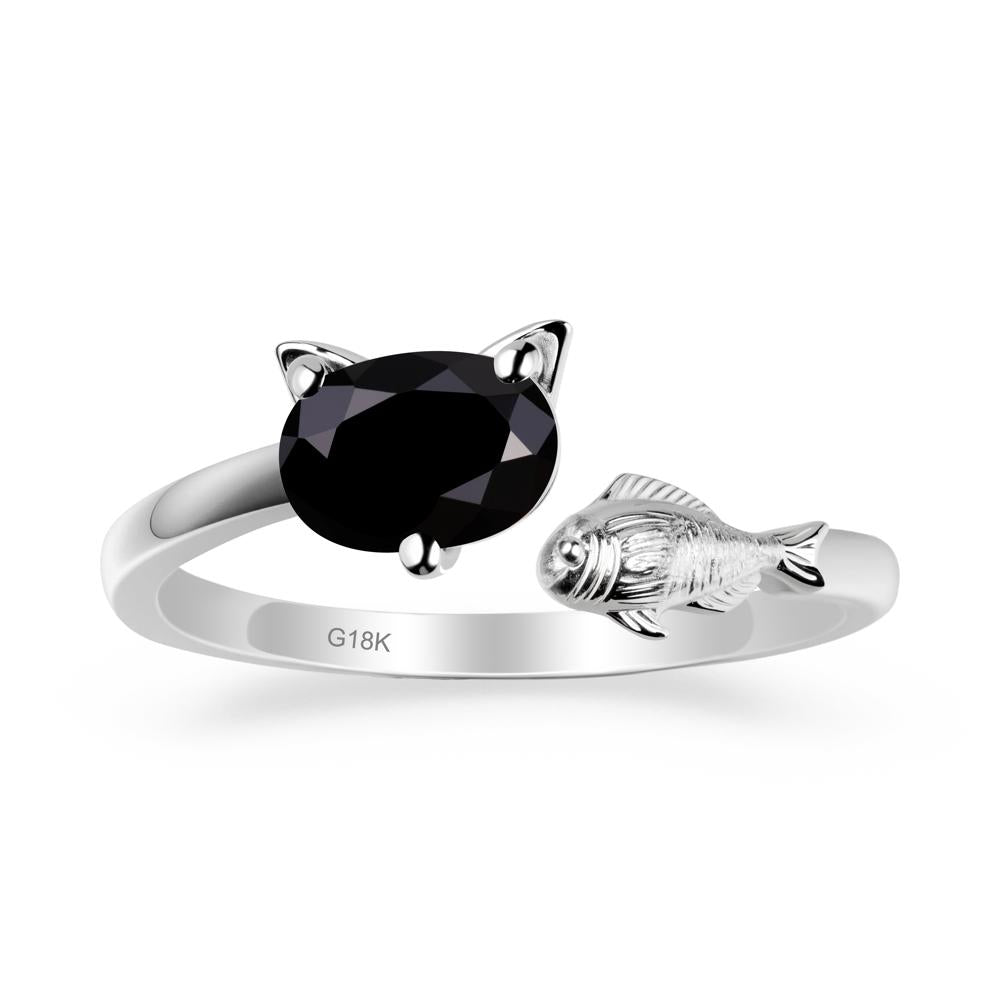 Black Spinel Cat and Fish Ring - LUO Jewelry #metal_18k white gold