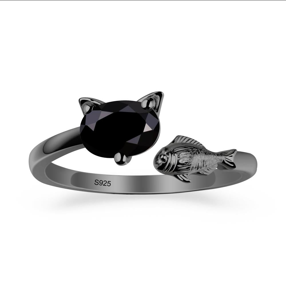 Black Spinel Cat and Fish Ring - LUO Jewelry #metal_black finish sterling silver