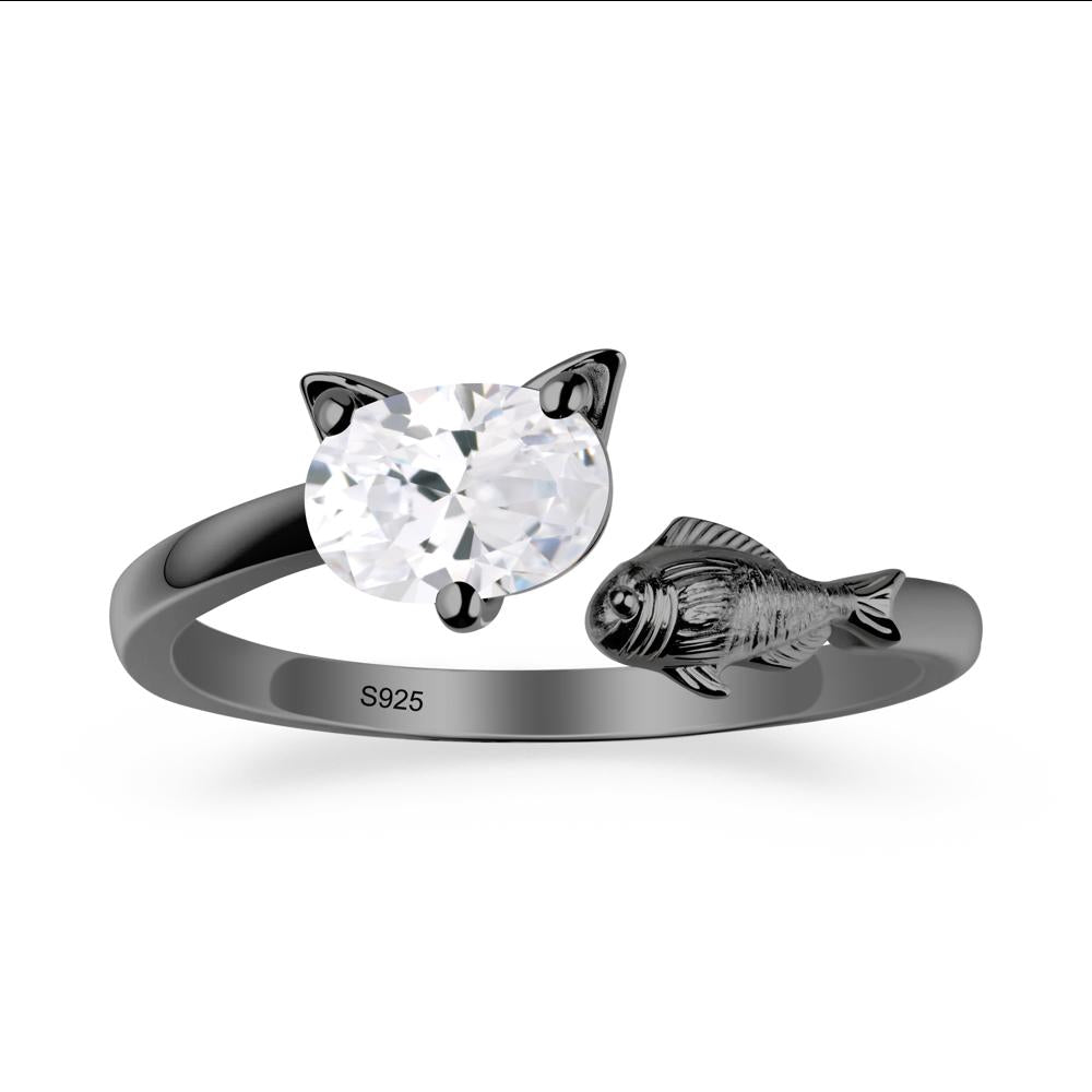 Cat and Fish Cubic Zirconia Open Ring - LUO Jewelry #metal_black finish sterling silver