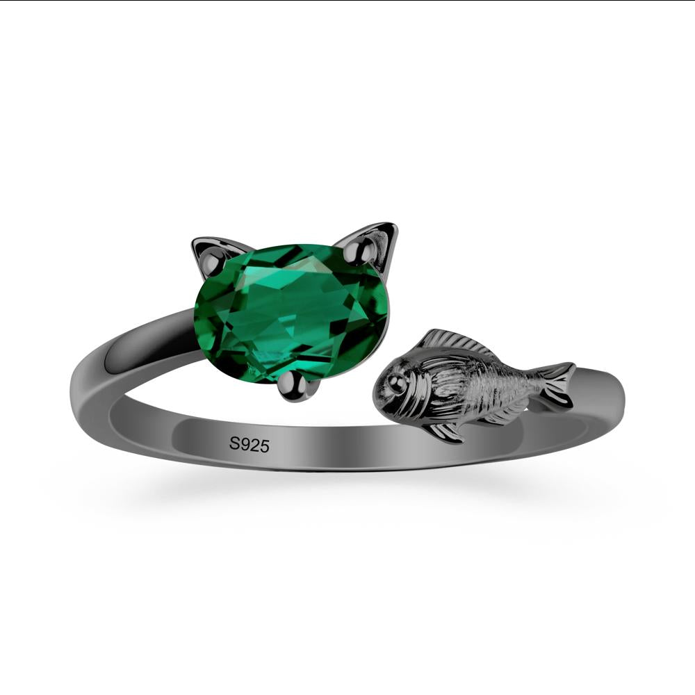 Cat and Fish Emerald Bypass Ring - LUO Jewelry #metal_black finish sterling silver