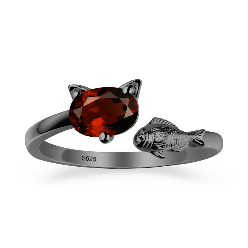 Garnet Cat and Fish Ring - LUO Jewelry #metal_black finish sterling silver