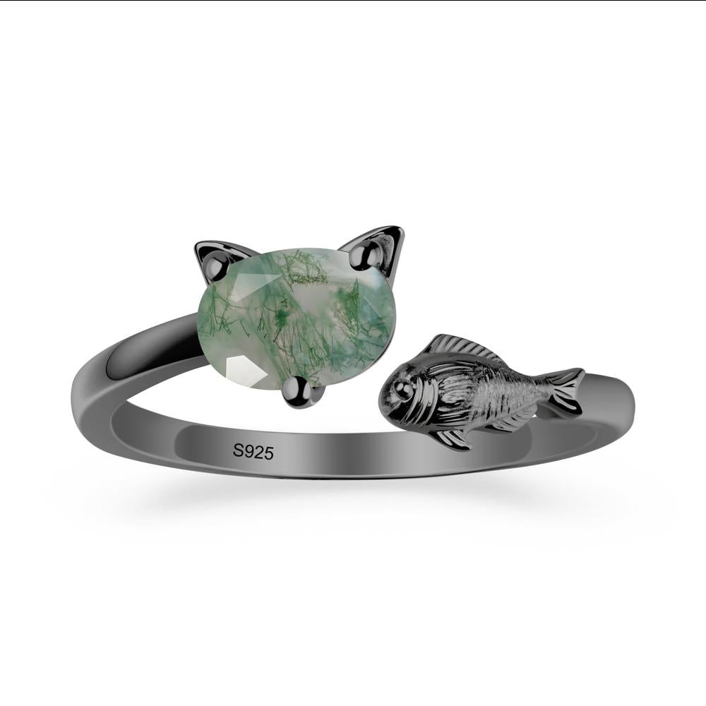 Moss Agate Fish and Cat Ring - LUO Jewelry #metal_black finish sterling silver