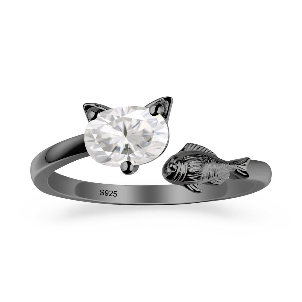 Cat and Fish Moissanite Open Ring - LUO Jewelry #metal_black finish sterling silver