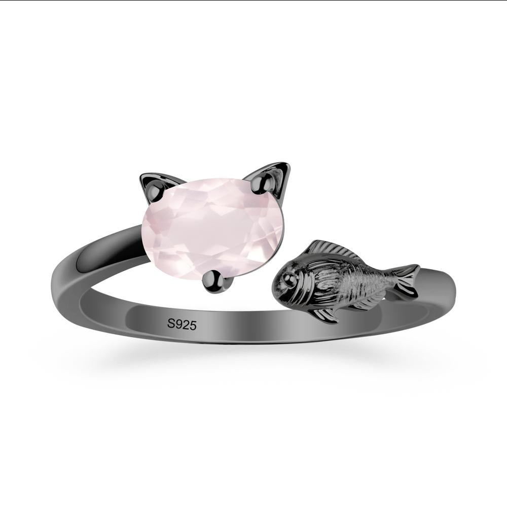 Cat and Fish Rose Quartz Open Ring - LUO Jewelry #metal_black finish sterling silver