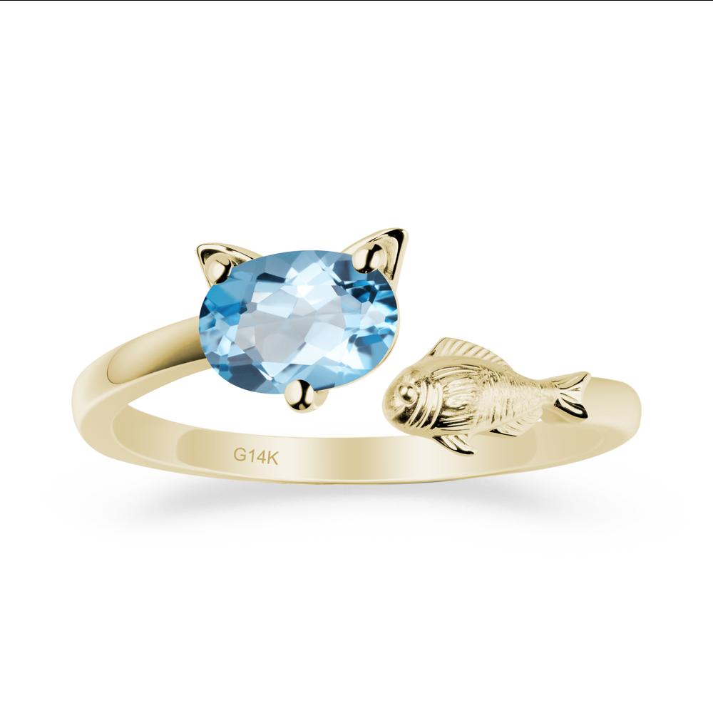 Cat and Fish Swiss Blue Topaz Bypass Ring - LUO Jewelry #metal_14k yellow gold