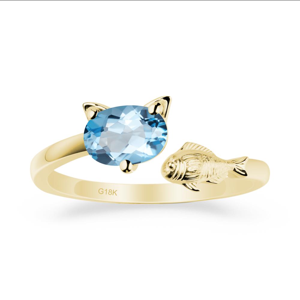 Cat and Fish Swiss Blue Topaz Bypass Ring - LUO Jewelry #metal_18k yellow gold