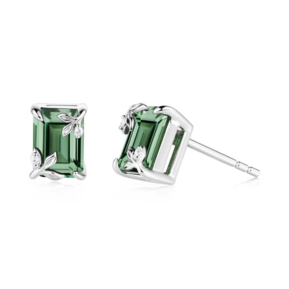 Nature-Inspired Leaf Emerald Cut Green Sapphire Stud Earrings - LUO Jewelry #metal_18k white gold