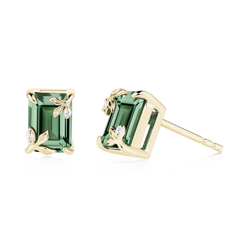 Nature-Inspired Leaf Emerald Cut Green Sapphire Stud Earrings - LUO Jewelry #metal_18k yellow gold