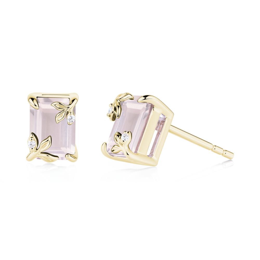 Nature-Inspired Leaf Emerald Cut Rose Quartz Stud Earrings - LUO Jewelry #metal_18k yellow gold