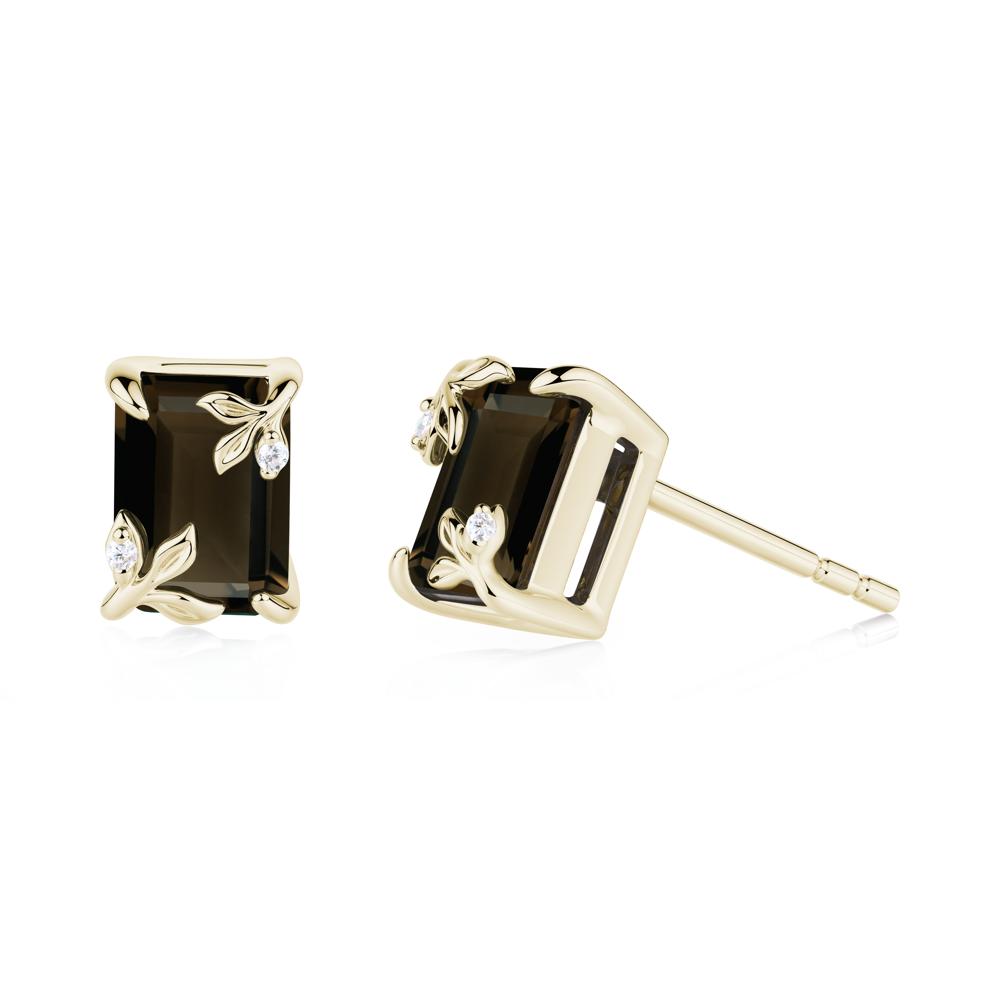 Nature-Inspired Leaf Emerald Cut Smoky Quartz Stud Earrings - LUO Jewelry #metal_14k yellow gold