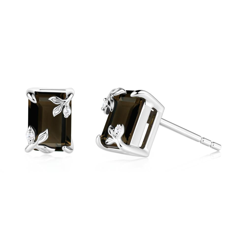 Nature-Inspired Leaf Emerald Cut Smoky Quartz Stud Earrings - LUO Jewelry #metal_18k white gold