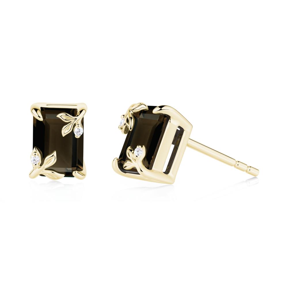 Nature-Inspired Leaf Emerald Cut Smoky Quartz Stud Earrings - LUO Jewelry #metal_18k yellow gold