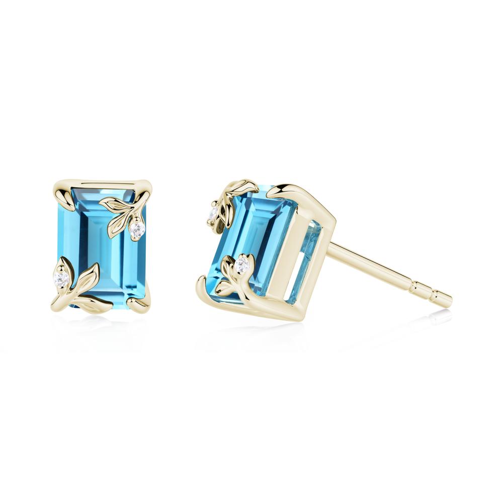 Nature-Inspired Leaf Emerald Cut Swiss Blue Topaz Earrings - LUO Jewelry #metal_14k yellow gold
