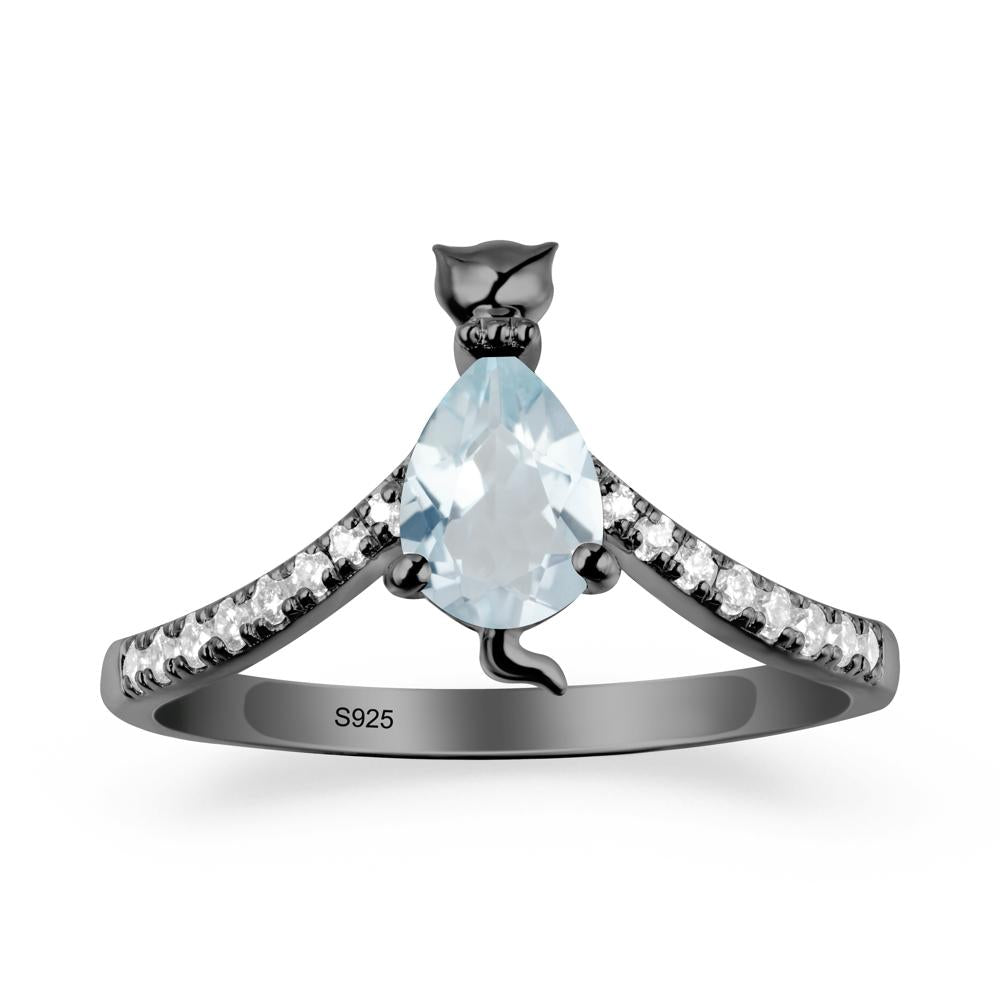 Unique Pear Aquamarine Cat Ring - LUO Jewelry #metal_black finish sterling silver