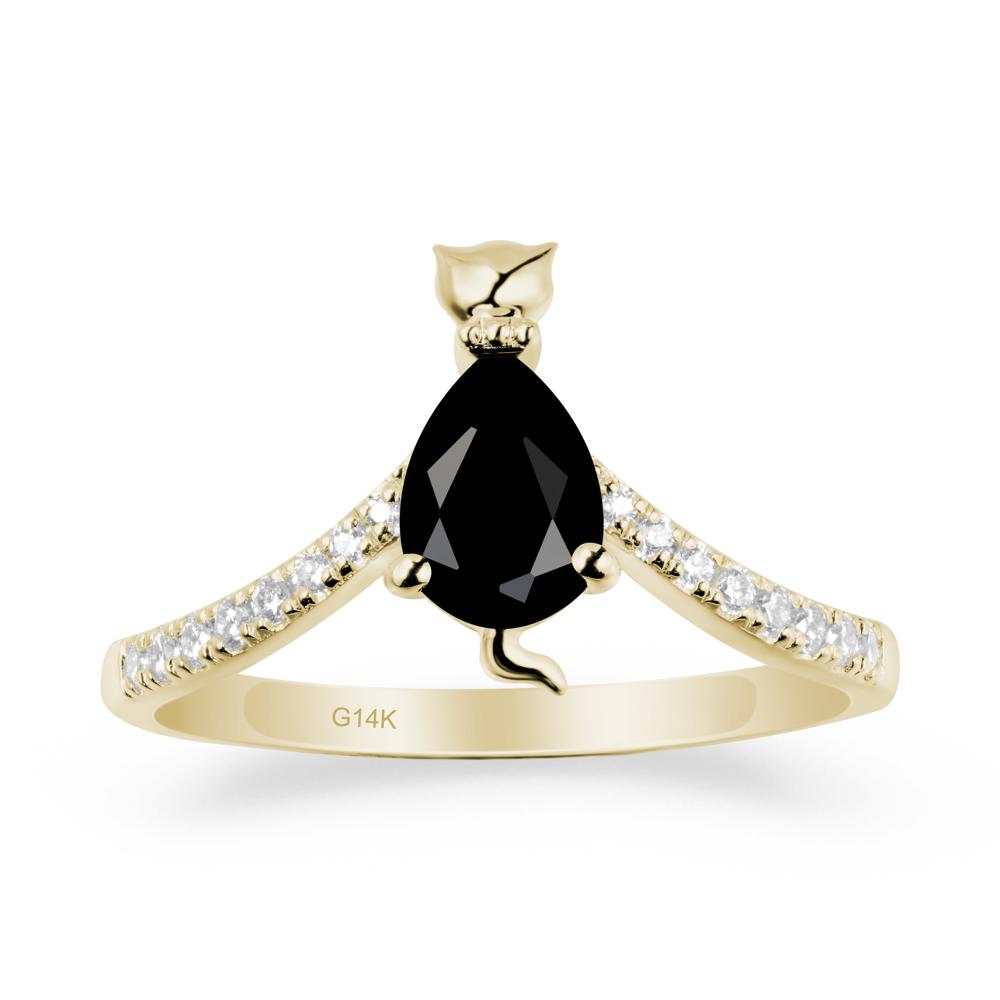 Unique Pear Black Spinel Cat Ring - LUO Jewelry #metal_14k yellow gold