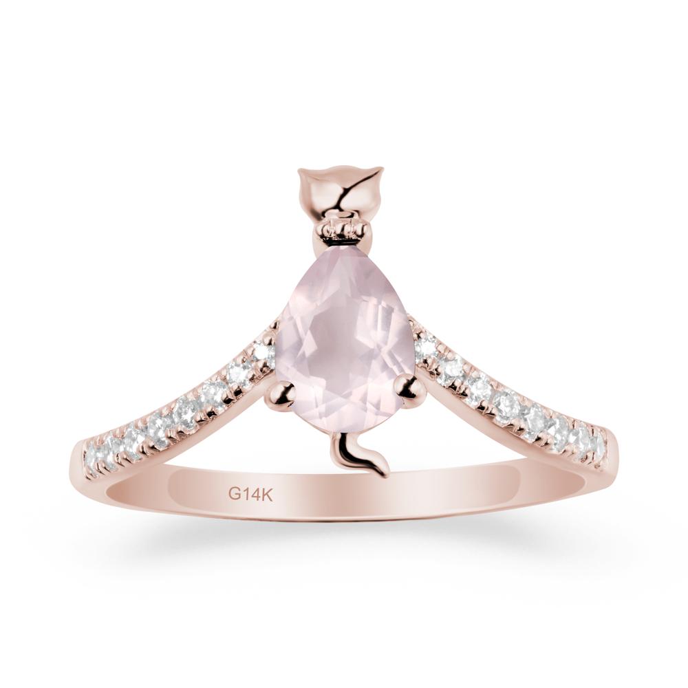 Unique Pear Rose Quartz Cat Ring - LUO Jewelry #metal_14k rose gold