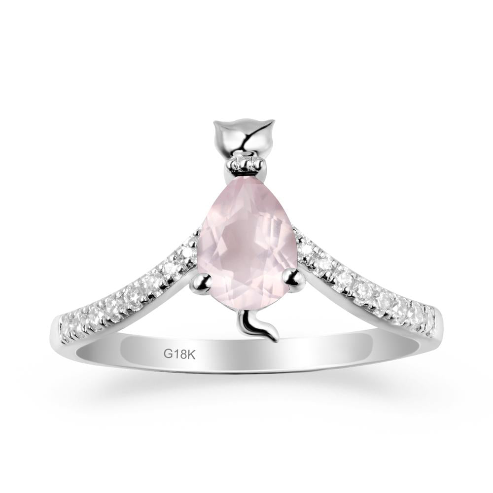 Unique Pear Rose Quartz Cat Ring - LUO Jewelry #metal_18k white gold