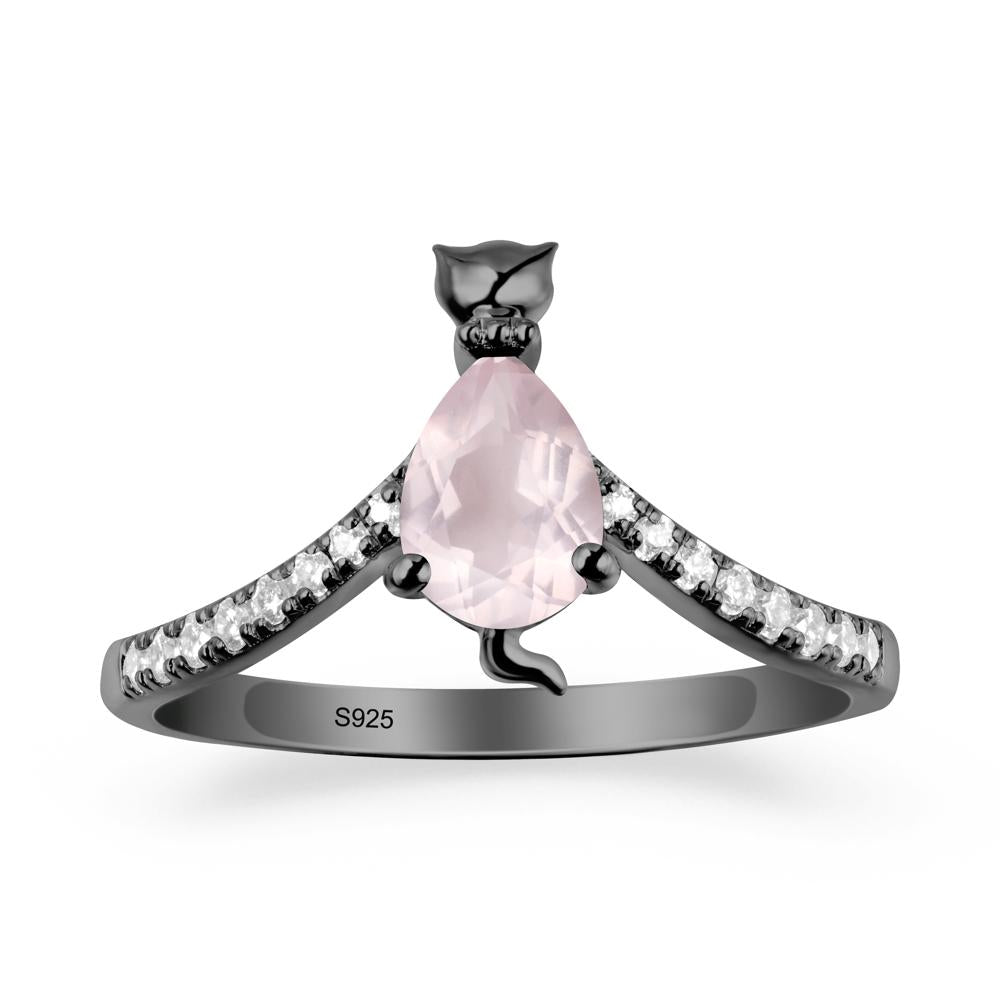 Unique Pear Rose Quartz Cat Ring - LUO Jewelry #metal_black finish sterling silver