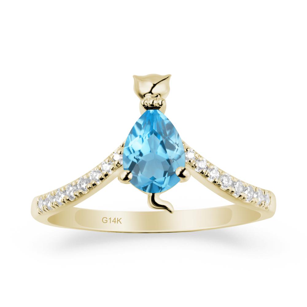 Unique Pear Swiss Blue Topaz Cat Ring - LUO Jewelry #metal_14k yellow gold