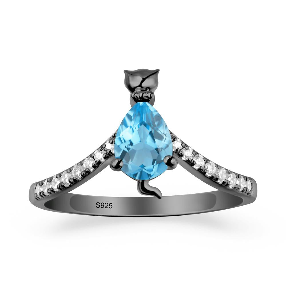 Unique Pear Swiss Blue Topaz Cat Ring - LUO Jewelry #metal_black finish sterling silver