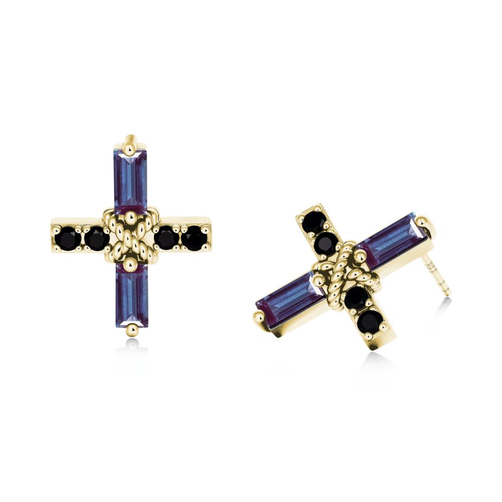 Baguette Alexandrite and Black Spinel Green Cross Stud Earrings - LUO Jewelry #metal_18k yellow gold