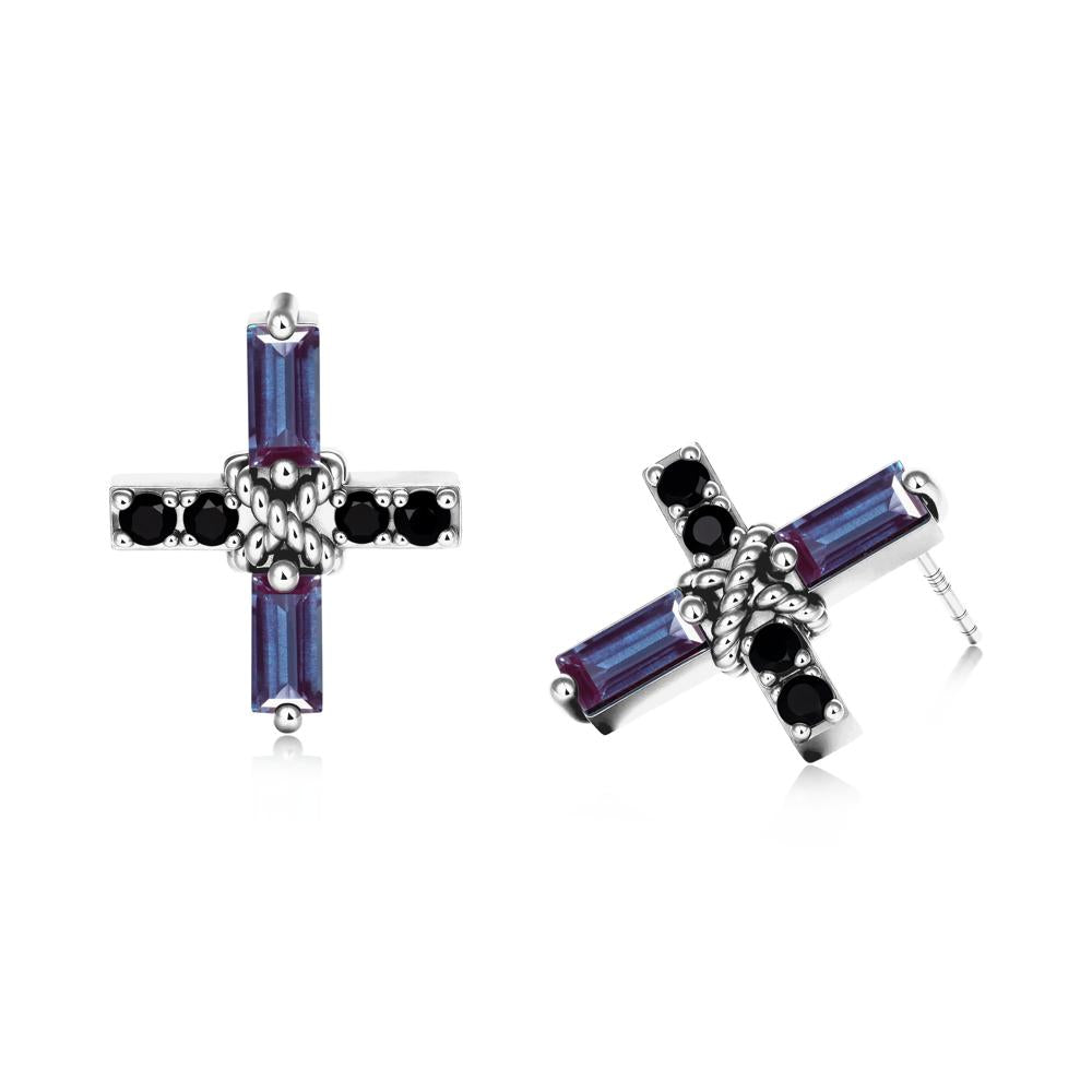 Baguette Alexandrite and Black Spinel Green Cross Stud Earrings - LUO Jewelry #metal_sterling silver