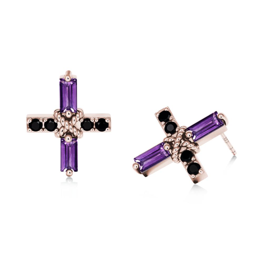 Baguette Amethyst and Black Spinel Green Cross Stud Earrings - LUO Jewelry #metal_14k rose gold