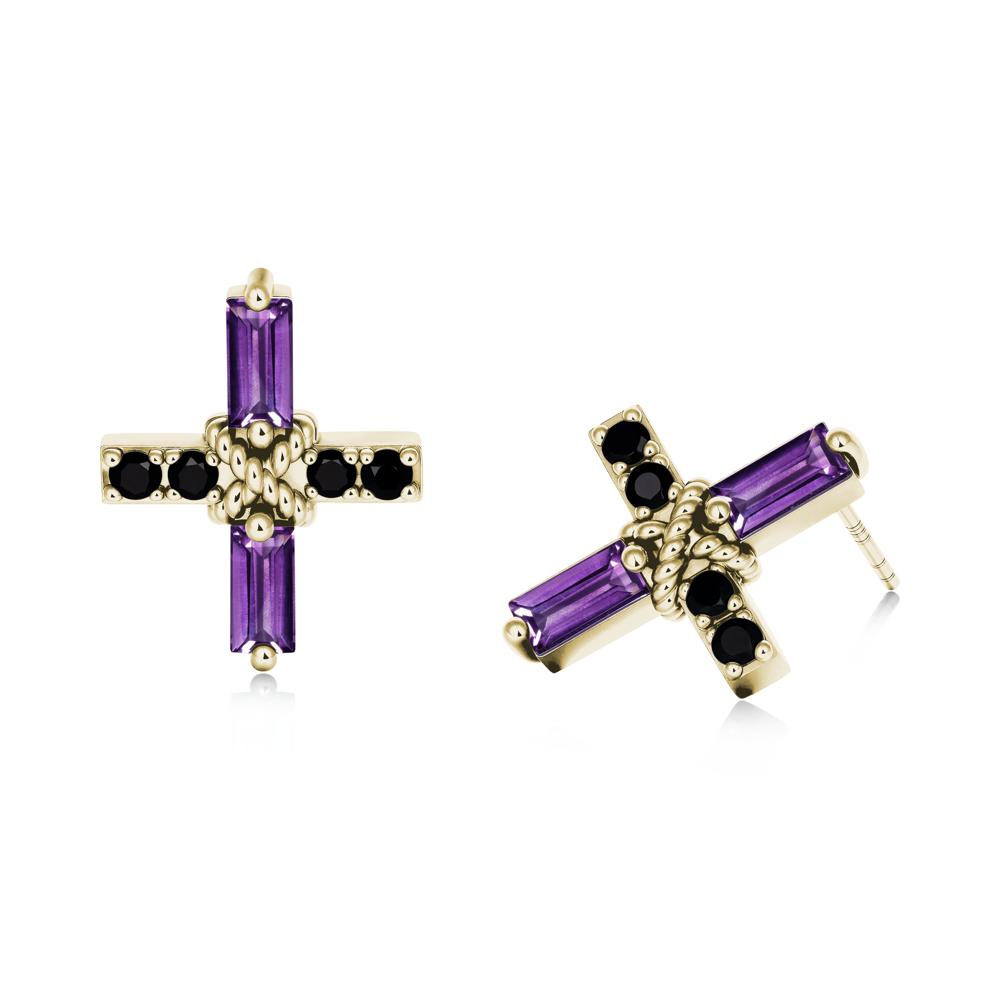 Baguette Amethyst and Black Spinel Green Cross Stud Earrings - LUO Jewelry #metal_14k yellow gold