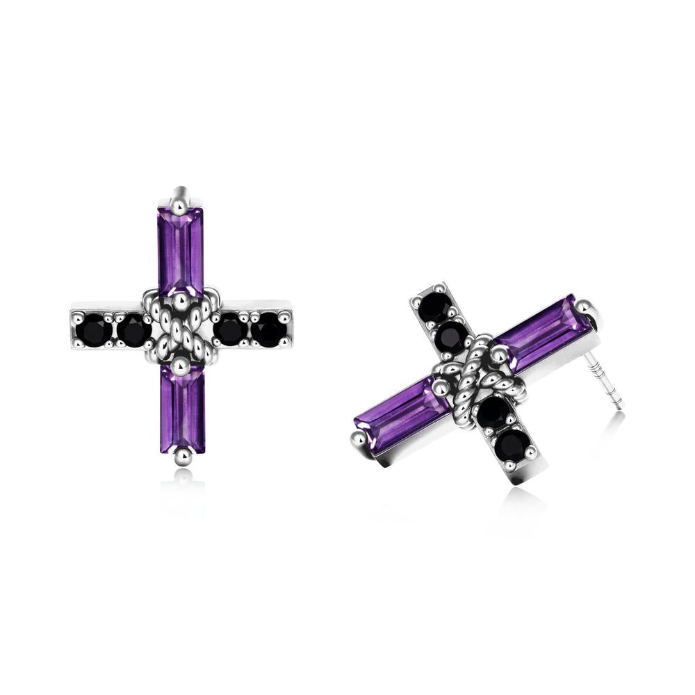 Baguette Amethyst and Black Spinel Green Cross Stud Earrings - LUO Jewelry #metal_18k white gold