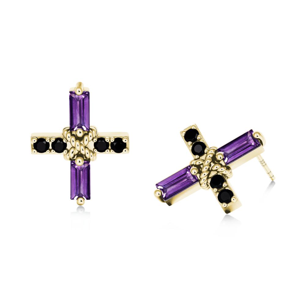 Baguette Amethyst and Black Spinel Green Cross Stud Earrings - LUO Jewelry #metal_18k yellow gold
