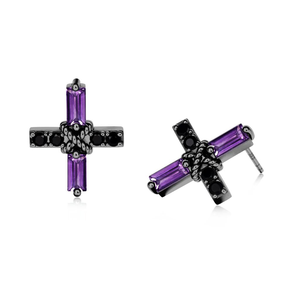 Baguette Amethyst and Black Spinel Green Cross Stud Earrings - LUO Jewelry #metal_black finish sterling silver